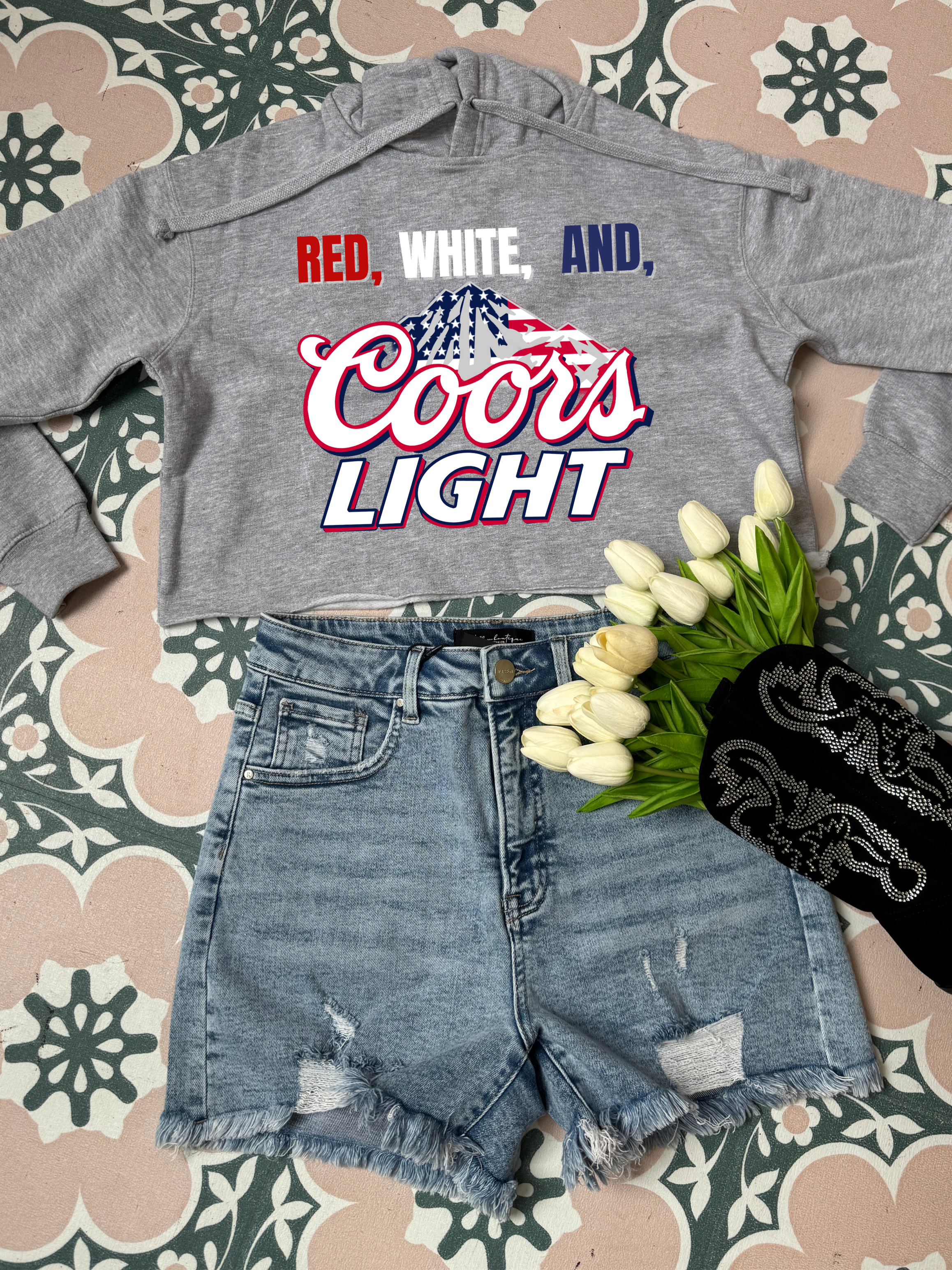 Red White and Coors Light Graphic Tee & Cropped Hoodie