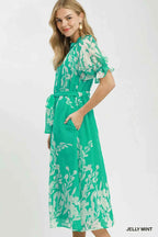 Umgee Floral Print Tie Waist Midi Dress with Side Pockets
