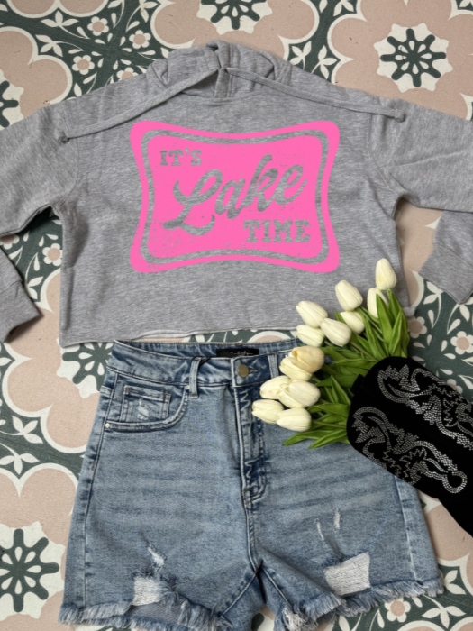 Lake Lake Time Graphic Tee printed on premium Comfort Colors 100% cotton featuring an exclusive Willow Boutique design, perfect for lake weekends, boating, camping, and relaxed summer style. Cropped Hoodie in Grey