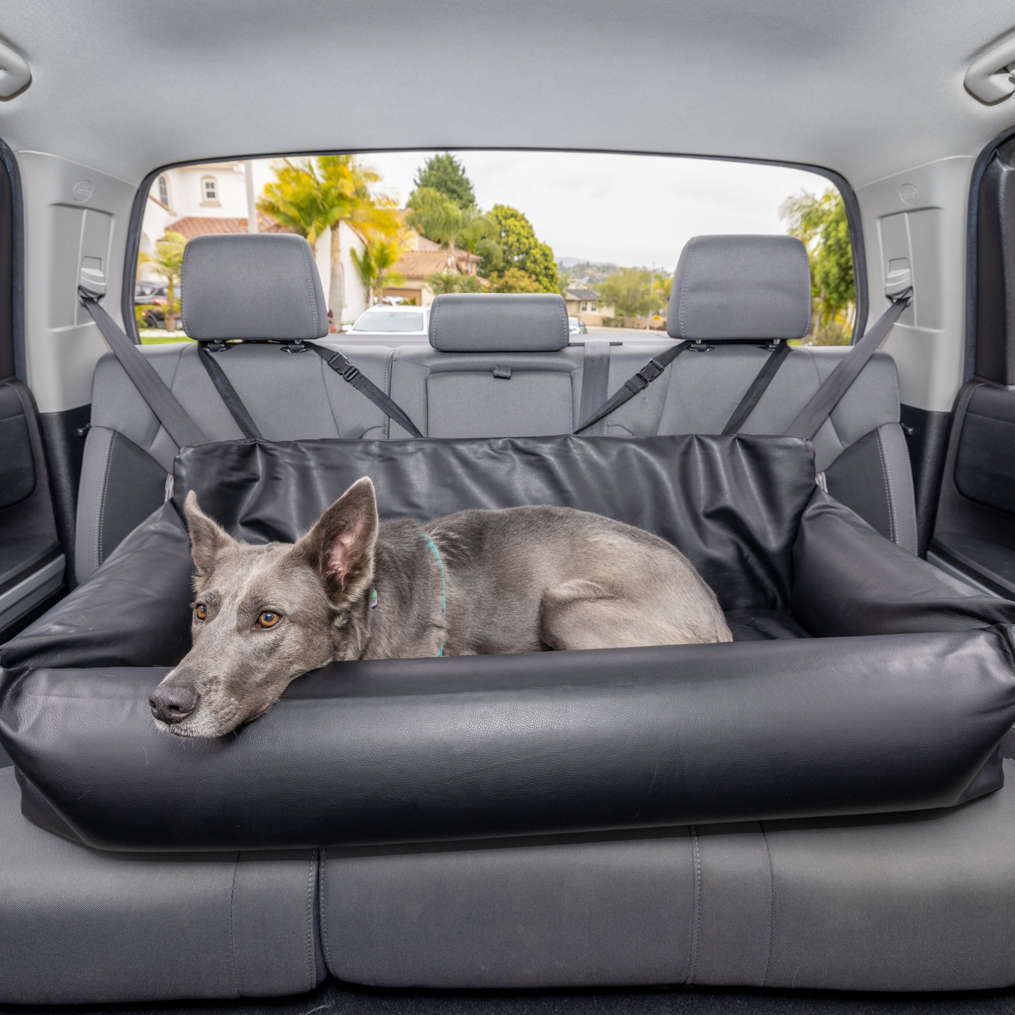 PupProtector™ Faux Leather Dog Car Bed – Memory Foam Booster Seat with Safety Straps, Waterproof Liner & Removable Cover -  Black