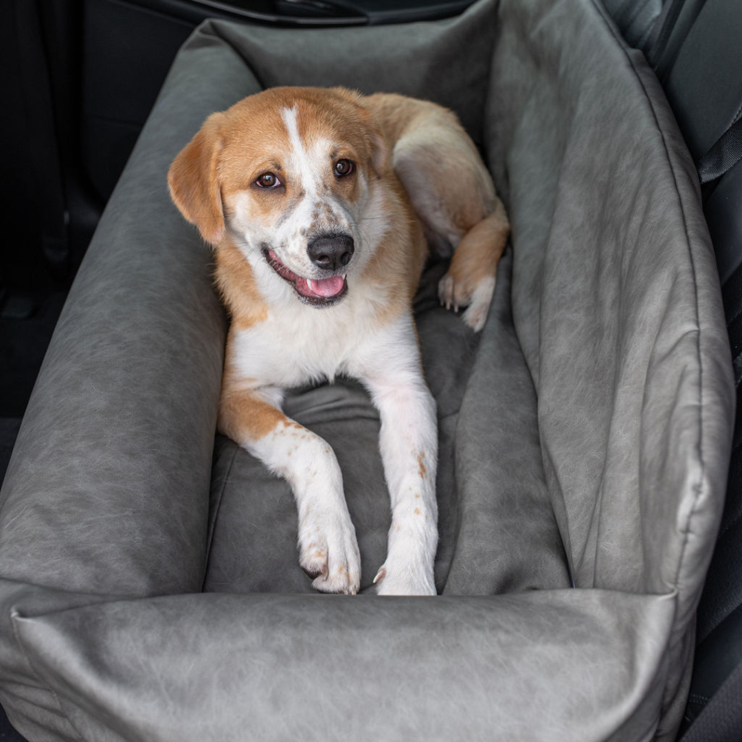 PupProtector™ Faux Leather Dog Car Bed – Memory Foam Booster Seat with Safety Straps, Waterproof Liner & Removable Cover