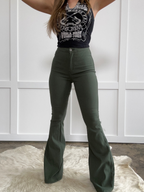 Fiona High Waisted Bell Bottom Flare Jeans – Olive Stretch Denim