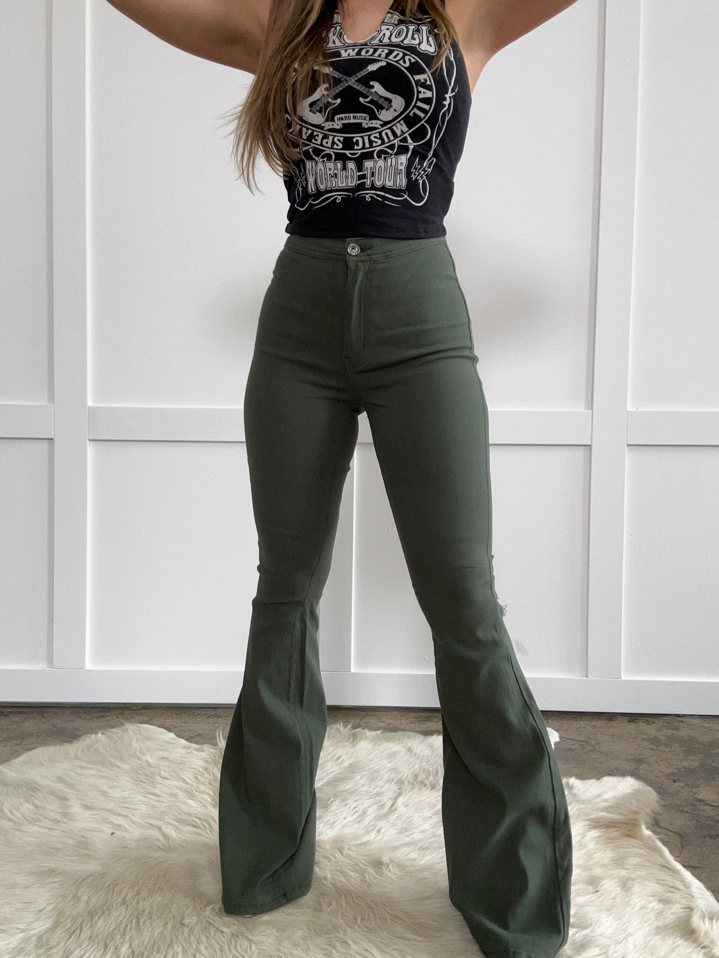 Fiona High Waisted Bell Bottom Flare Jeans – Olive Stretch Denim