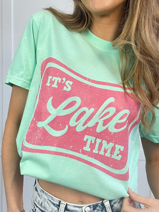 Lake Time Graphic Tee printed on premium Comfort Colors 100% cotton featuring an exclusive Willow Boutique design, perfect for lake weekends, boating, camping, and relaxed summer style. Tshirt in Mint