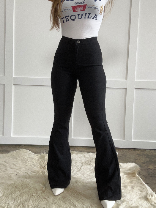 Fiona High Waisted Bell Bottom Flare Jeans – Black Stretch Denim