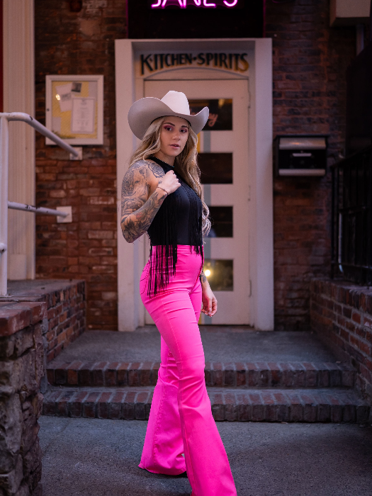 Fiona High Waisted Bell Bottom Flare Jeans – Pink Stretch Denim