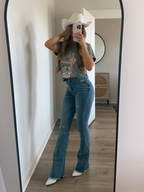 Sarah Distressed Flare Jeans – Medium Wash High Rise