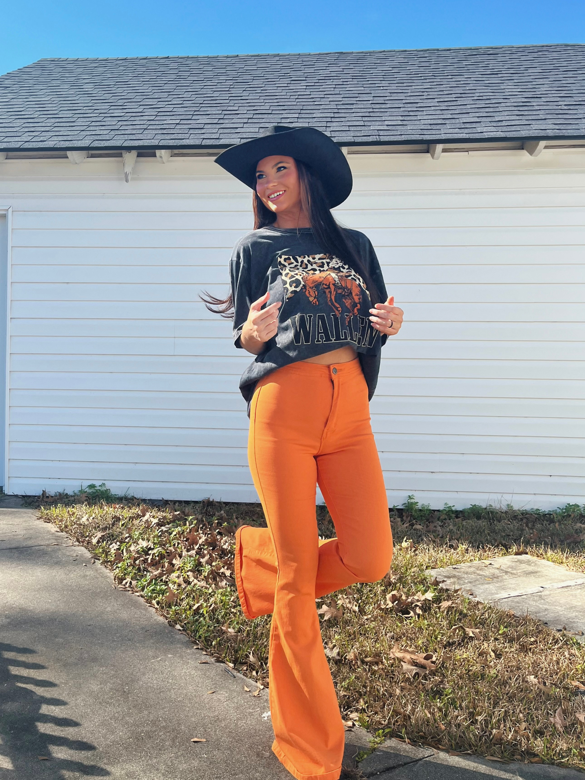 Fiona High Waisted Bell Bottom Flare Jeans – Orange Stretch Denim