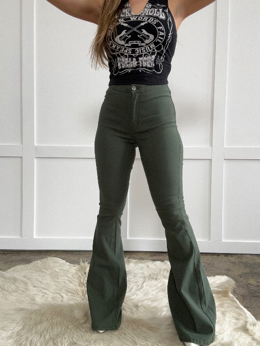 Fiona High Waisted Bell Bottom Flare Jeans – Olive Stretch Denim