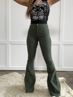 Fiona High Waisted Bell Bottom Flare Jeans – Olive Stretch Denim