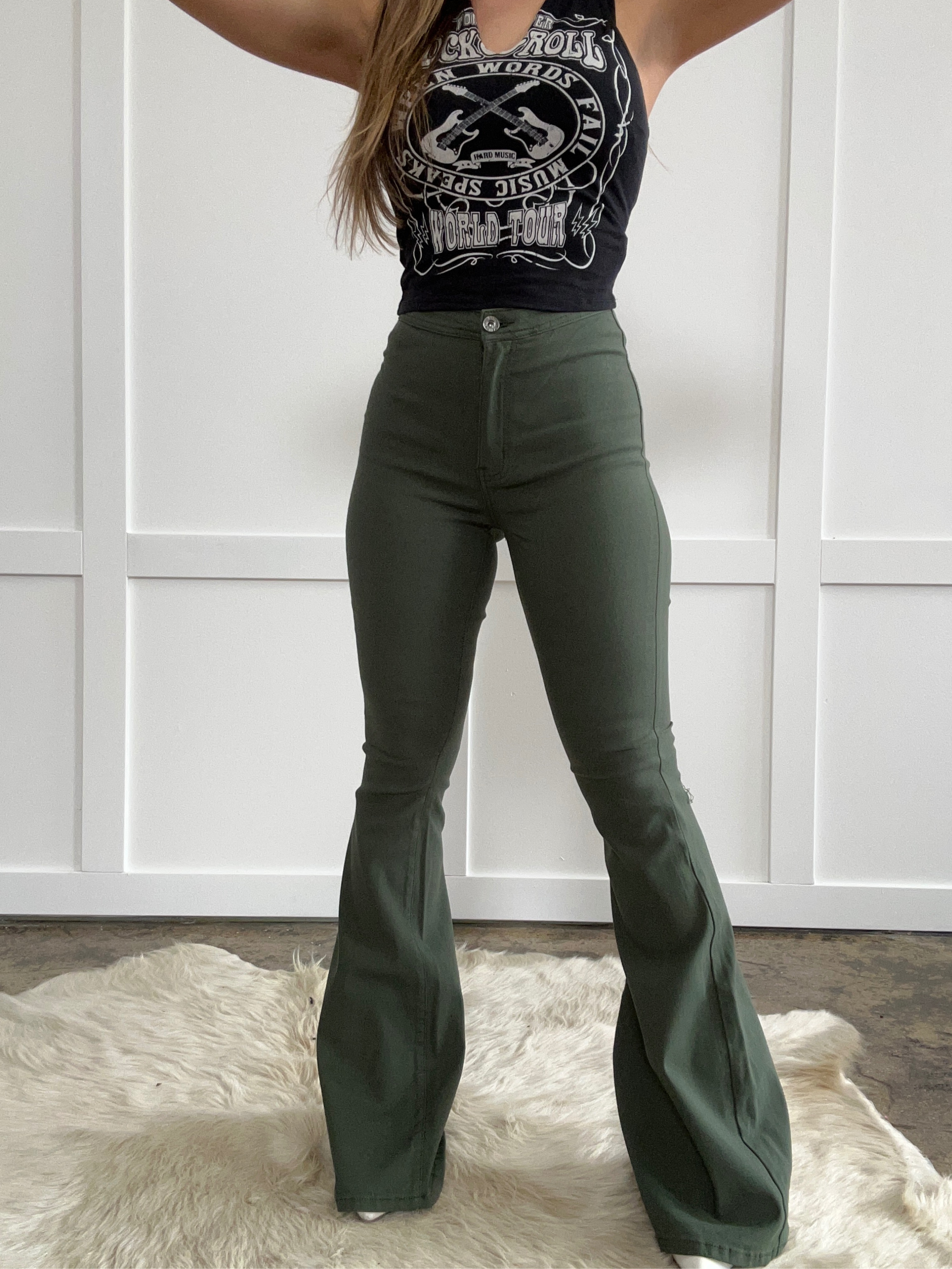 Fiona High Waisted Bell Bottom Flare Jeans – Olive Stretch Denim
