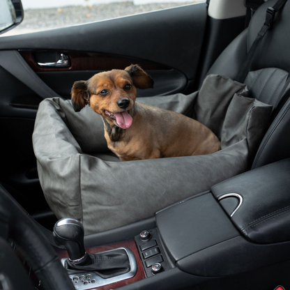 PupProtector™ Faux Leather Dog Car Bed – Memory Foam Booster Seat with Safety Straps, Waterproof Liner & Removable Cover