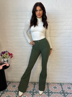 Fiona High Waisted Bell Bottom Flare Jeans – Olive Stretch Denim