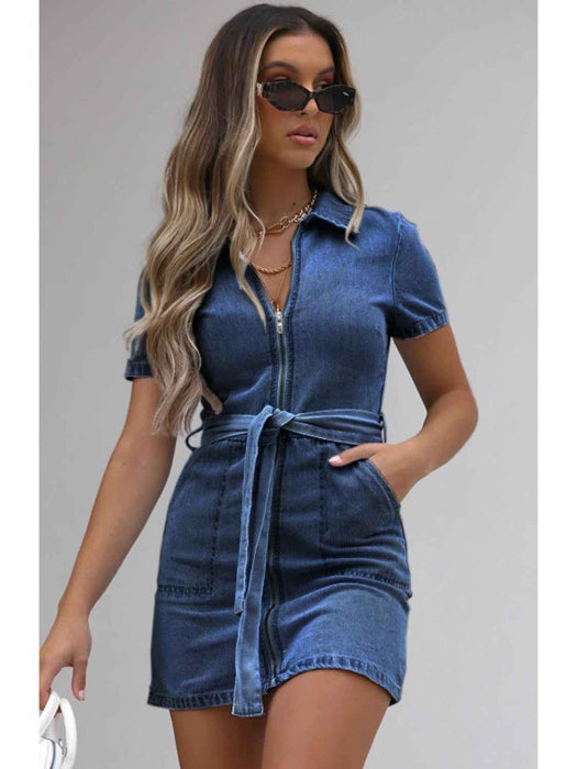 Fia Full Size Zip Front Short Sleeve Denim Dress (Available in Plus Size) in Color Dark Blue
