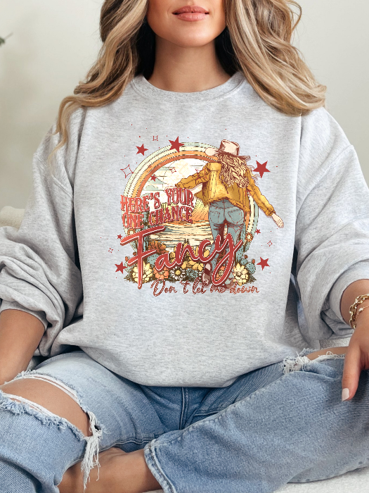 Women’s Fancy graphic tee featuring a Here’s Your One Chance Fancy country-inspired design on a relaxed-fit Comfort Colors® 100% cotton Crewneck in Grey