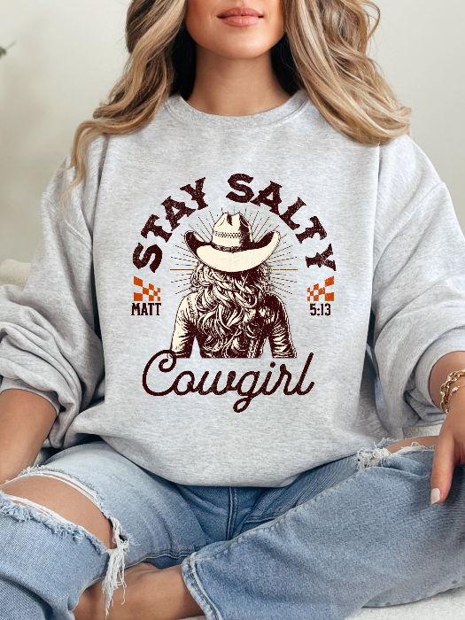 Stay Salty Christian Graphic Crewneck| Western Cowgirl Faith Shirt in Grey