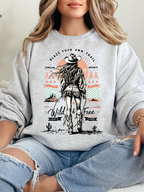 Women’s Blaze Your Own Trail Western graphic tee featuring an original Willow Boutique cowgirl design on a relaxed-fit Comfort Colors® 100% cotton Crewneck in Grey