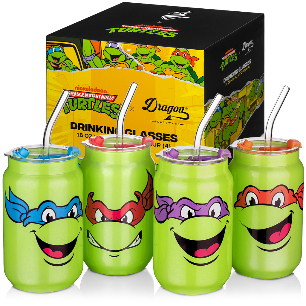 Set of four officially licensed Teenage Mutant Ninja Turtles 16-ounce glass drinking cups featuring Leonardo, Donatello, Michelangelo, and Raphael with reusable lids and straws.