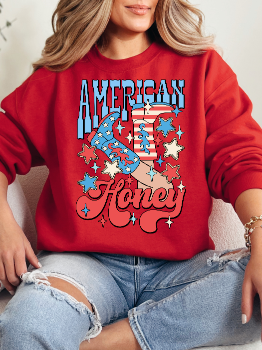 American Honey Graphic Tee printed on premium Comfort Colors 100% cotton featuring an exclusive Willow Boutique western-inspired design, perfect for country concerts, Nashville trips, rodeos, and everyday country style. Crewneck in Red