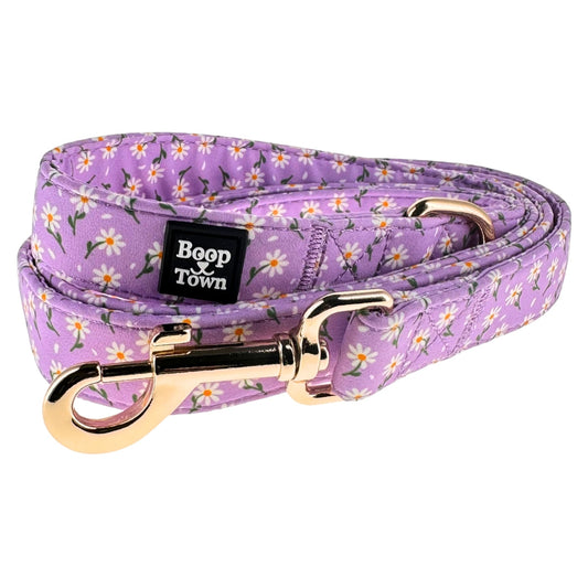 Purple Daisy Cotton Dog Leash – 5ft Stylish Nylon Leash with Gold Clip