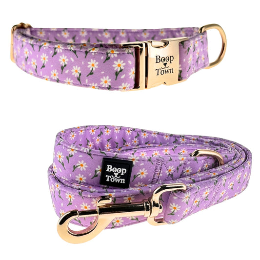 Purple Daisy Dog Collar & Leash Set – Adjustable Soft Cotton with Gold Hardware