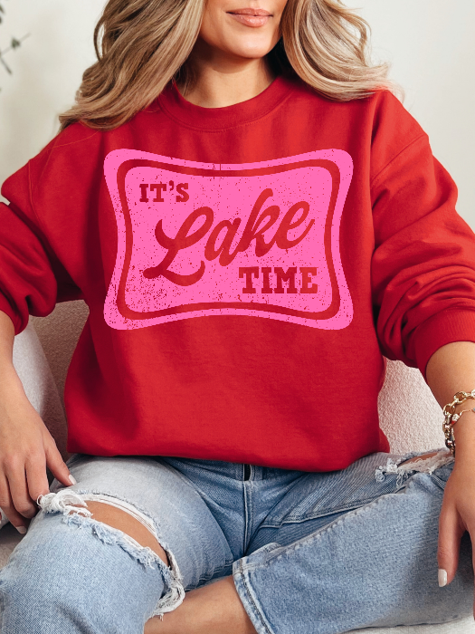 Lake Time Graphic Tee printed on premium Comfort Colors 100% cotton featuring an exclusive Willow Boutique design, perfect for lake weekends, boating, camping, and relaxed summer style. Crewneck in Red