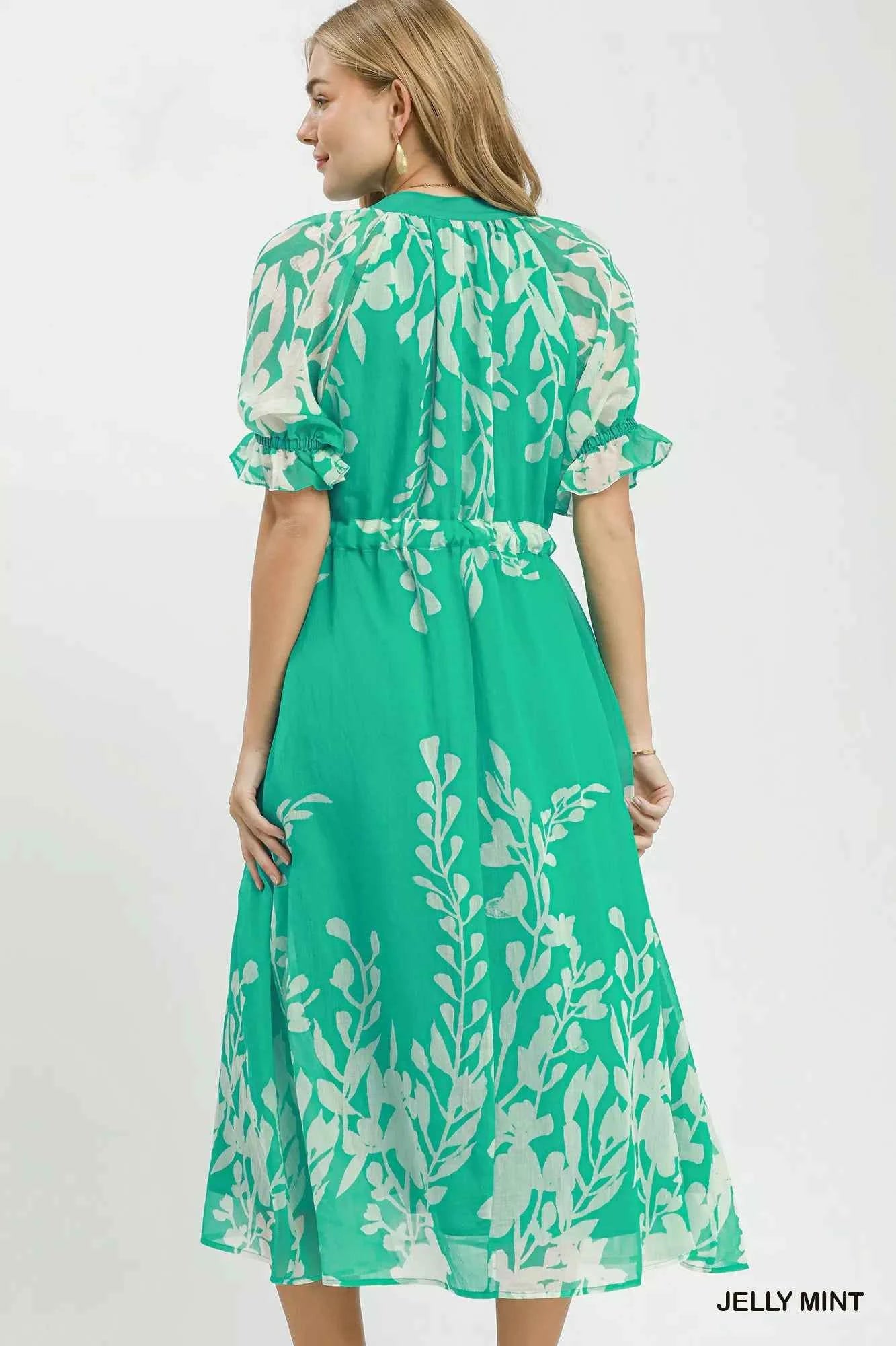 Umgee Floral Print Tie Waist Midi Dress with Side Pockets