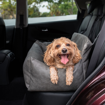 PupProtector™ Faux Leather Dog Car Bed – Memory Foam Booster Seat with Safety Straps, Waterproof Liner & Removable Cover