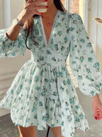 Sarina Lace Detail V-Neck Balloon Sleeve Dress featuring delicate lace accents, elegant balloon sleeves, a flattering V-neckline, and a flowy silhouette, perfect for weddings, bridal showers, church, and special occasions. 