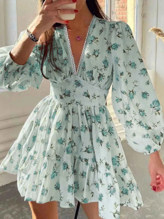 Sarina Lace Detail V-Neck Balloon Sleeve Dress featuring delicate lace accents, elegant balloon sleeves, a flattering V-neckline, and a flowy silhouette, perfect for weddings, bridal showers, church, and special occasions. 