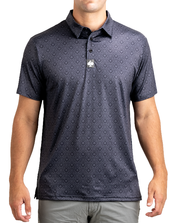 Men’s Big Blind golf polo by Pins & Aces featuring a subtle dark gray and black geometric pattern with short sleeves, collared neckline, and athletic fit.