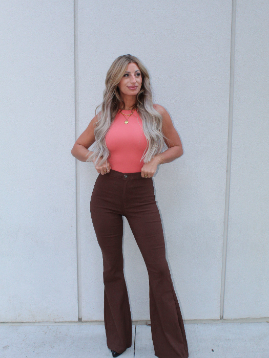Fiona High Waisted Bell Bottom Flare Jeans in chocolate brown featuring premium stretch denim, a flattering high-rise waist, butt-lifting fit, and dramatic bell bottom silhouette for effortless boutique style.