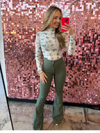 Fiona High Waisted Bell Bottom Flare Jeans – Olive Stretch Denim