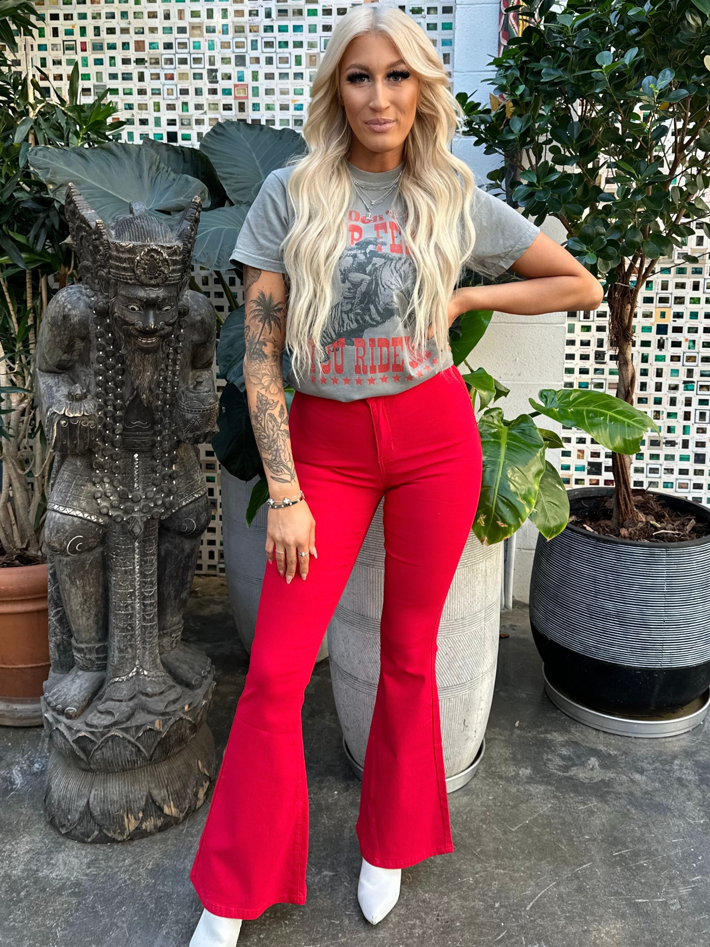 Fiona High Waisted Bell Bottom Flare Jeans – Red Stretch Denim