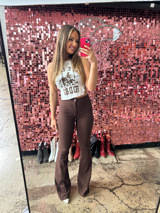 Fiona High Waisted Bell Bottom Flare Jeans in chocolate brown featuring premium stretch denim, a flattering high-rise waist, butt-lifting fit, and dramatic bell bottom silhouette for effortless boutique style.