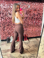 Fiona High Waisted Bell Bottom Flare Jeans in chocolate brown featuring premium stretch denim, a flattering high-rise waist, butt-lifting fit, and dramatic bell bottom silhouette for effortless boutique style.