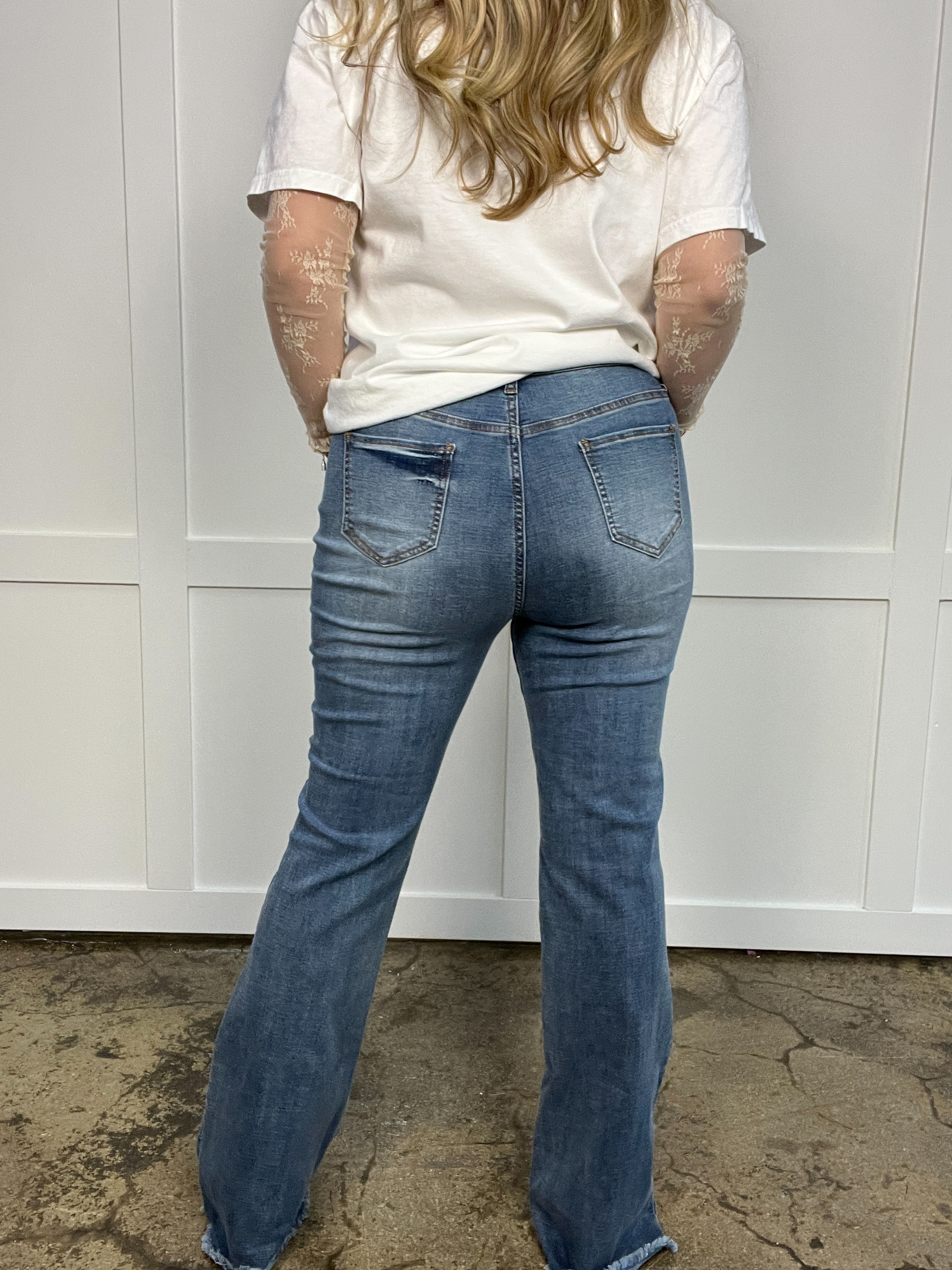 Sarah Distressed Flare Jeans – Medium Wash High Rise