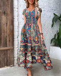 Paisley smocked short sleeve midi dress