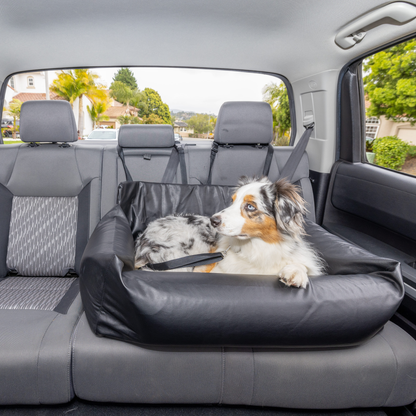 PupProtector™ Faux Leather Dog Car Bed – Memory Foam Booster Seat with Safety Straps, Waterproof Liner & Removable Cover -  Black