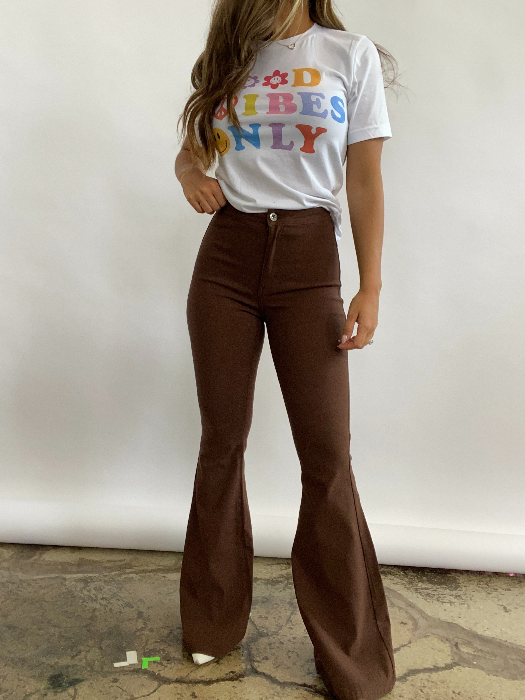 Fiona High Waisted Bell Bottom Flare Jeans in chocolate brown featuring premium stretch denim, a flattering high-rise waist, butt-lifting fit, and dramatic bell bottom silhouette for effortless boutique style.