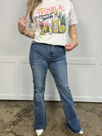 Sarah Distressed Flare Jeans – Medium Wash High Rise