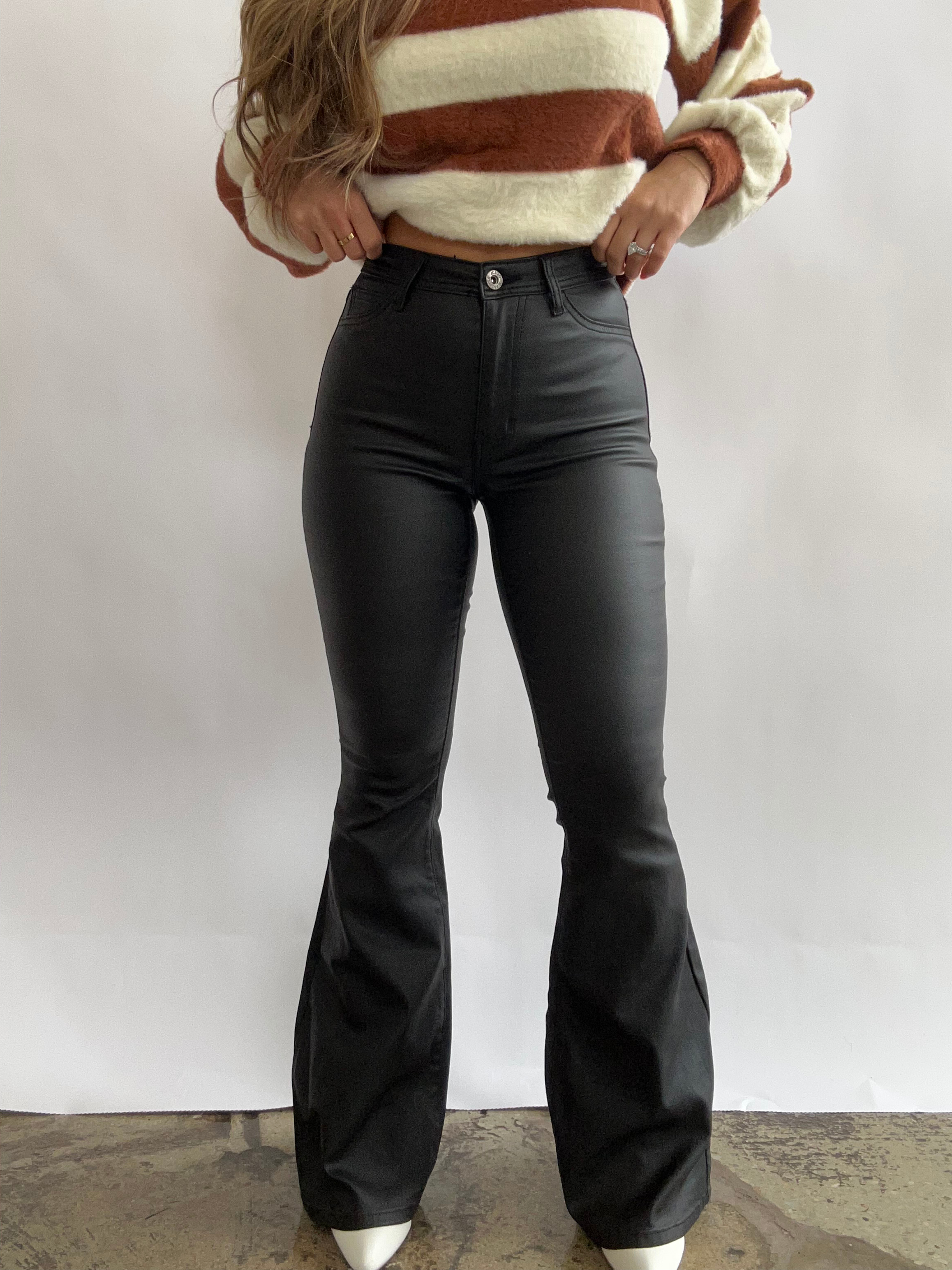 Blakely Leather High Waisted Bell Bottom Flare Jeans – Black