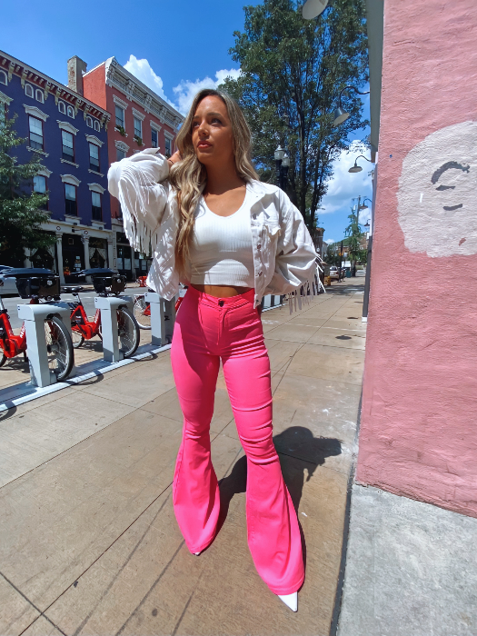 Fiona High Waisted Bell Bottom Flare Jeans – Pink Stretch Denim