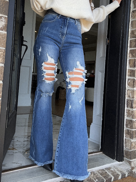 Viral Lainey Tummy Control Flare Jeans – High Waisted Distressed Denim in Dark Wash