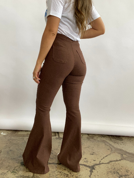 Fiona High Waisted Bell Bottom Flare Jeans in chocolate brown featuring premium stretch denim, a flattering high-rise waist, butt-lifting fit, and dramatic bell bottom silhouette for effortless boutique style.