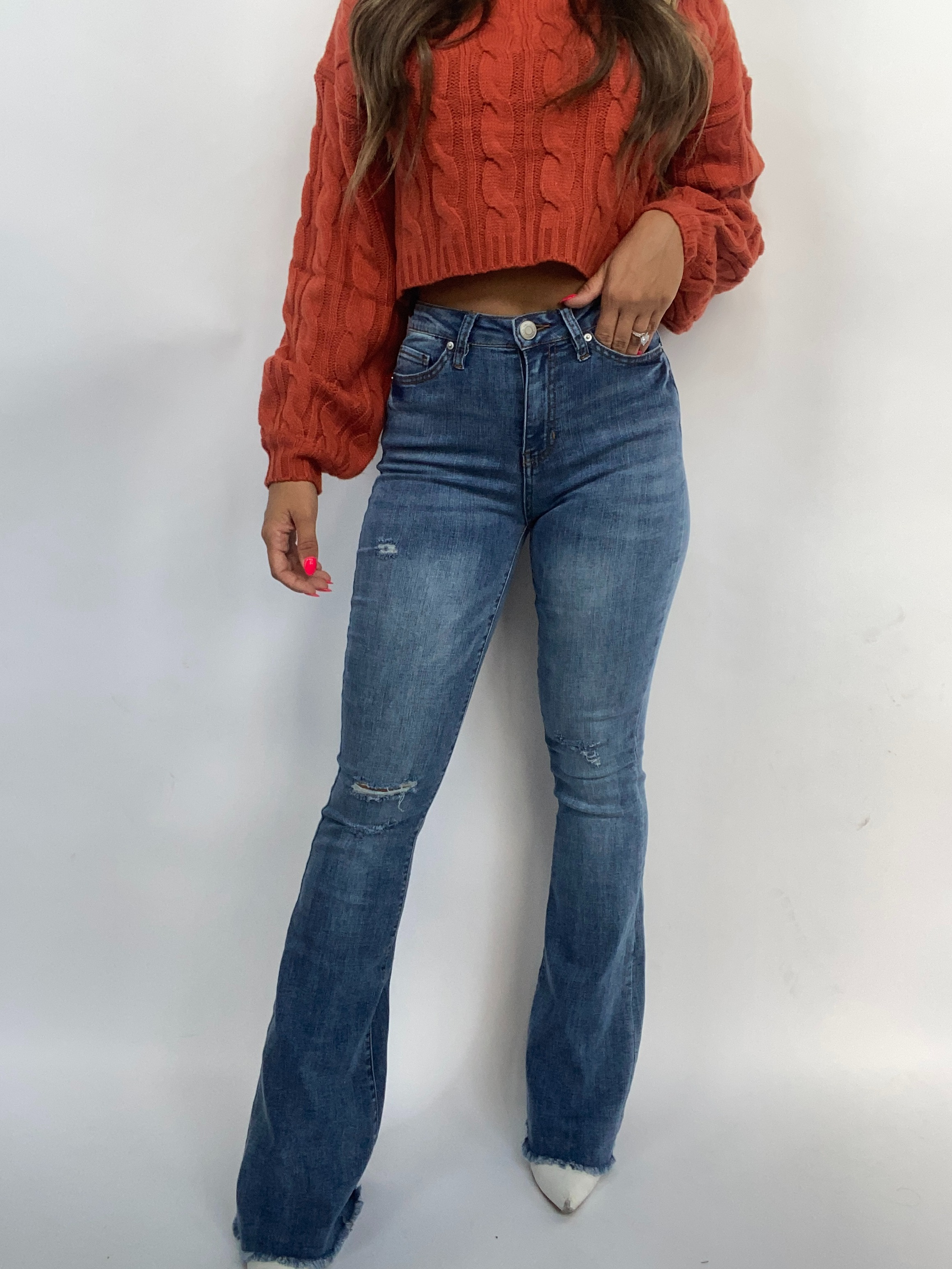 Sarah Distressed Flare Jeans – Medium Wash High Rise