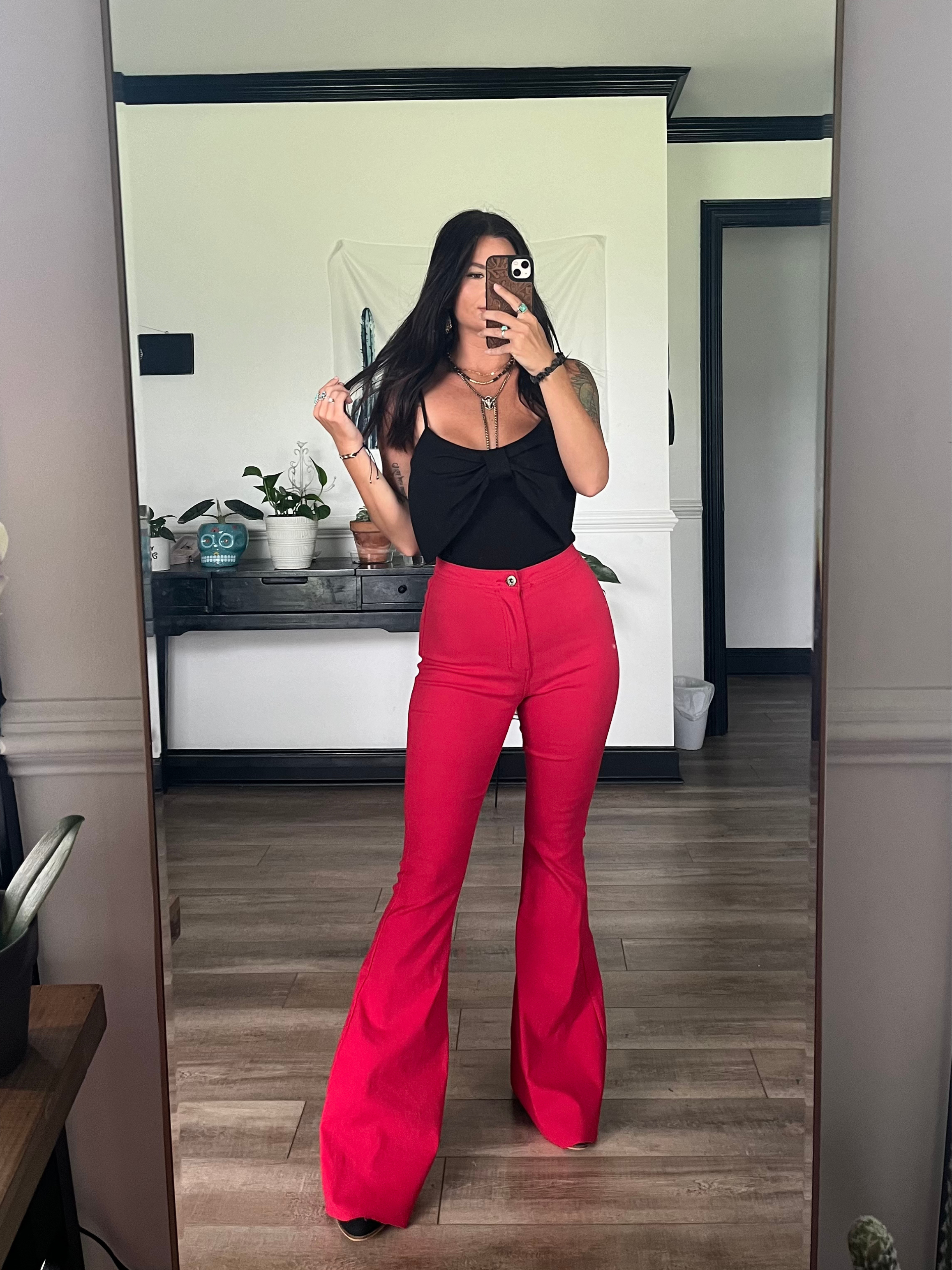 Fiona High Waisted Bell Bottom Flare Jeans – Red Stretch Denim