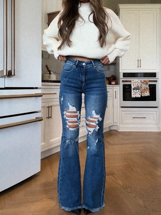 Viral Lainey Tummy Control Flare Jeans – High Waisted Distressed Denim in Acid Light Wash