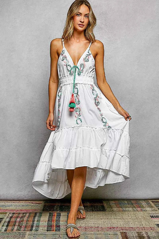 POL Embroidered Detail Tassel Tie Smocked Waist Midi Tiered Cami Dress