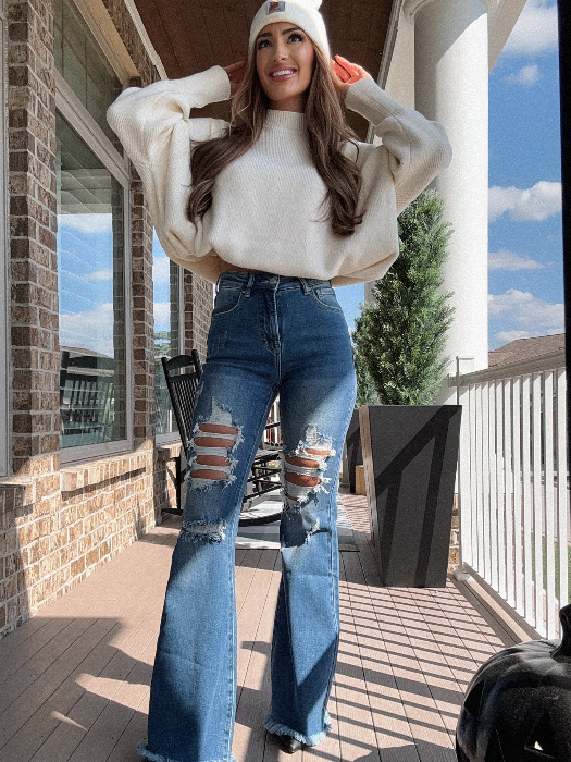 Viral Lainey Tummy Control Flare Jeans – High Waisted Distressed Denim in Dark Wash